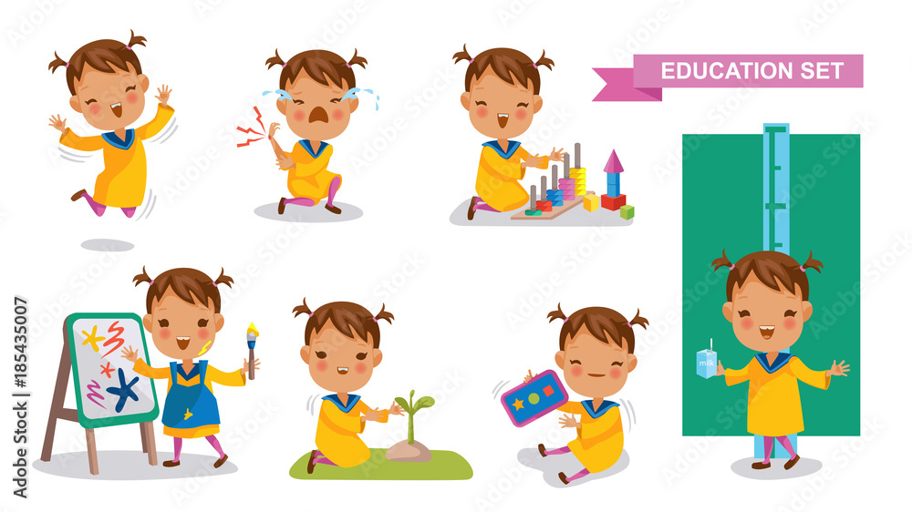 Preschoolers of Education set. Cute Little Girl. Jumping,Crying, falling, drawing, playing, planting trees, playing Tablet Games, Drinking milk and measuring height. Student activity concept. 