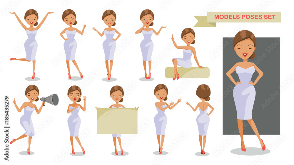 Model woman set of female. girl in White dress casual clothes. different poses. Beautiful cartoon. character Collection. active concept. vector illustration. Isolated on white background.