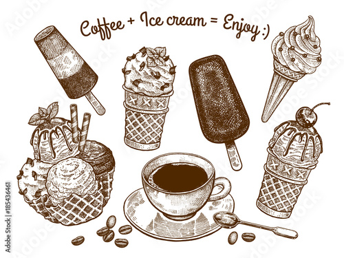 Ice cream and a cup of coffee.