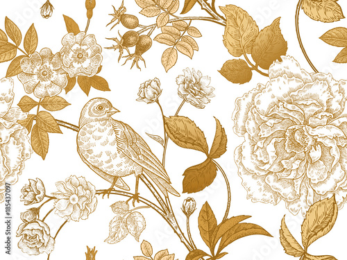 Seamless pattern with garden flowers and birds.