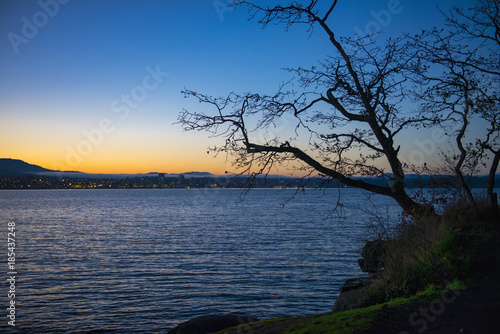 View of Nanaimo bay and skyline at dusk, taken from  Jack Point in Nanaimo, British Columbia.