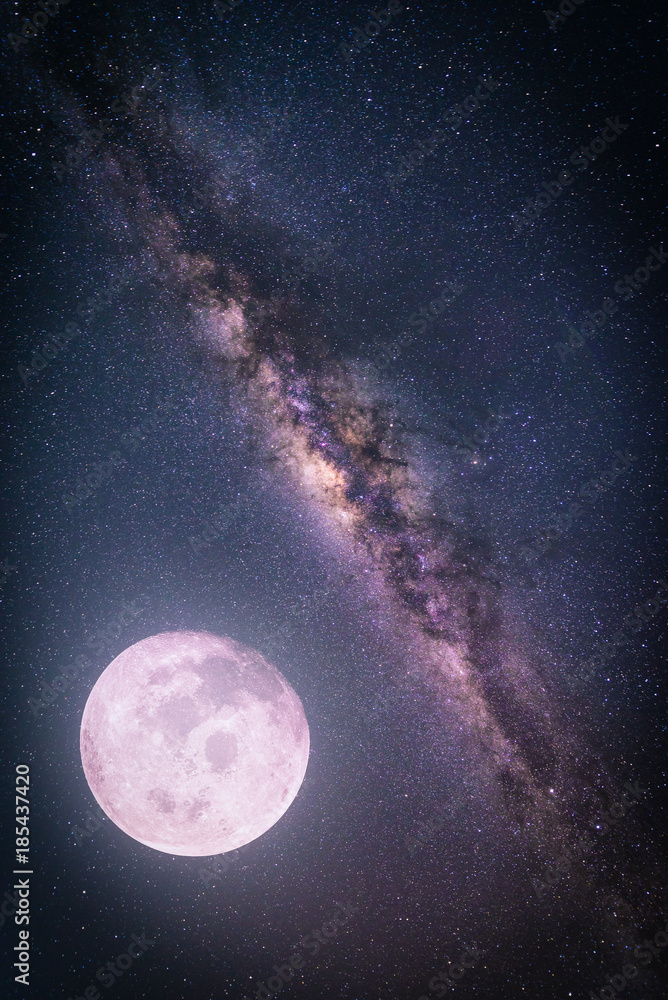 Fototapeta premium Landscape with Milky way galaxy. Night sky with stars and the full moon. (Elements of this moon image furnished by NASA)