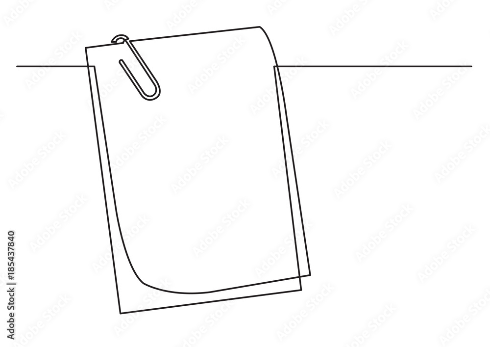 one line drawing of isolated vector object - papers with paper clip - obrazy, fototapety, plakaty 