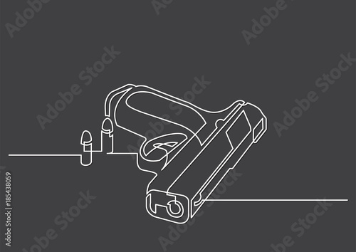 one line drawing of isolated vector object - handgun with bullets