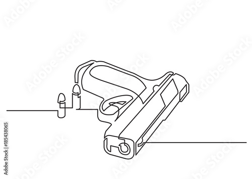one line drawing of isolated vector object - handgun with bullets