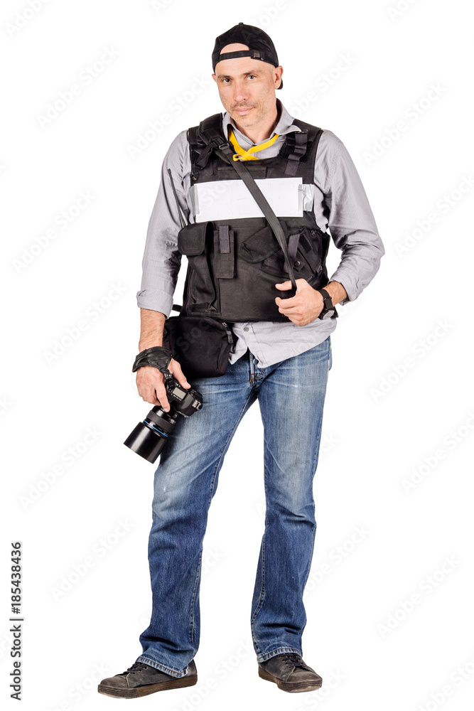 military press photographer with a professional camera. Isolated on white background military press photographer with a professional camera. Isolated on white background