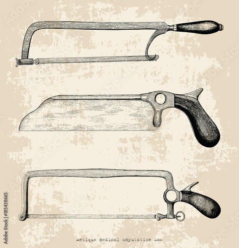 Antique medical amputation saw hand drawing vintage style