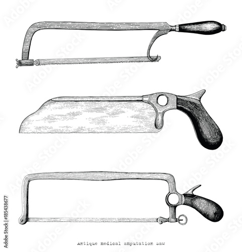 Antique medical amputation saw hand drawing vintage style