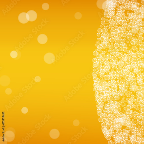 Beer background with realistic bubbles. Cool beverage for restaurant menu design, banners and flyers. Yellow square beer background with white frothy foam. Cold glass of ale for brewery design.