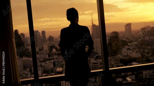 Beautiful woman standing by the window during sunset, 4K
