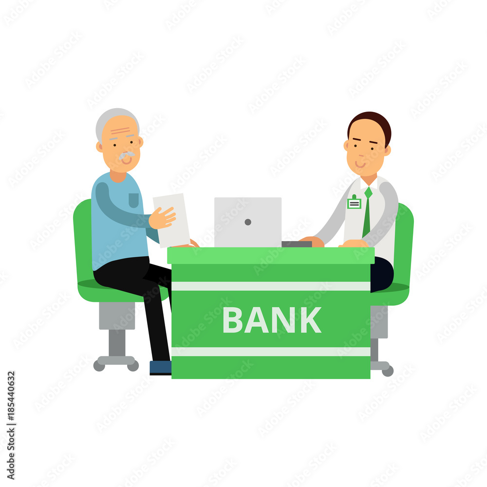 Obraz premium Smiling bank employee advises client. Old man and young guy sitting behind desk. Banking and finance. Cartoon people characters. Flat vector design