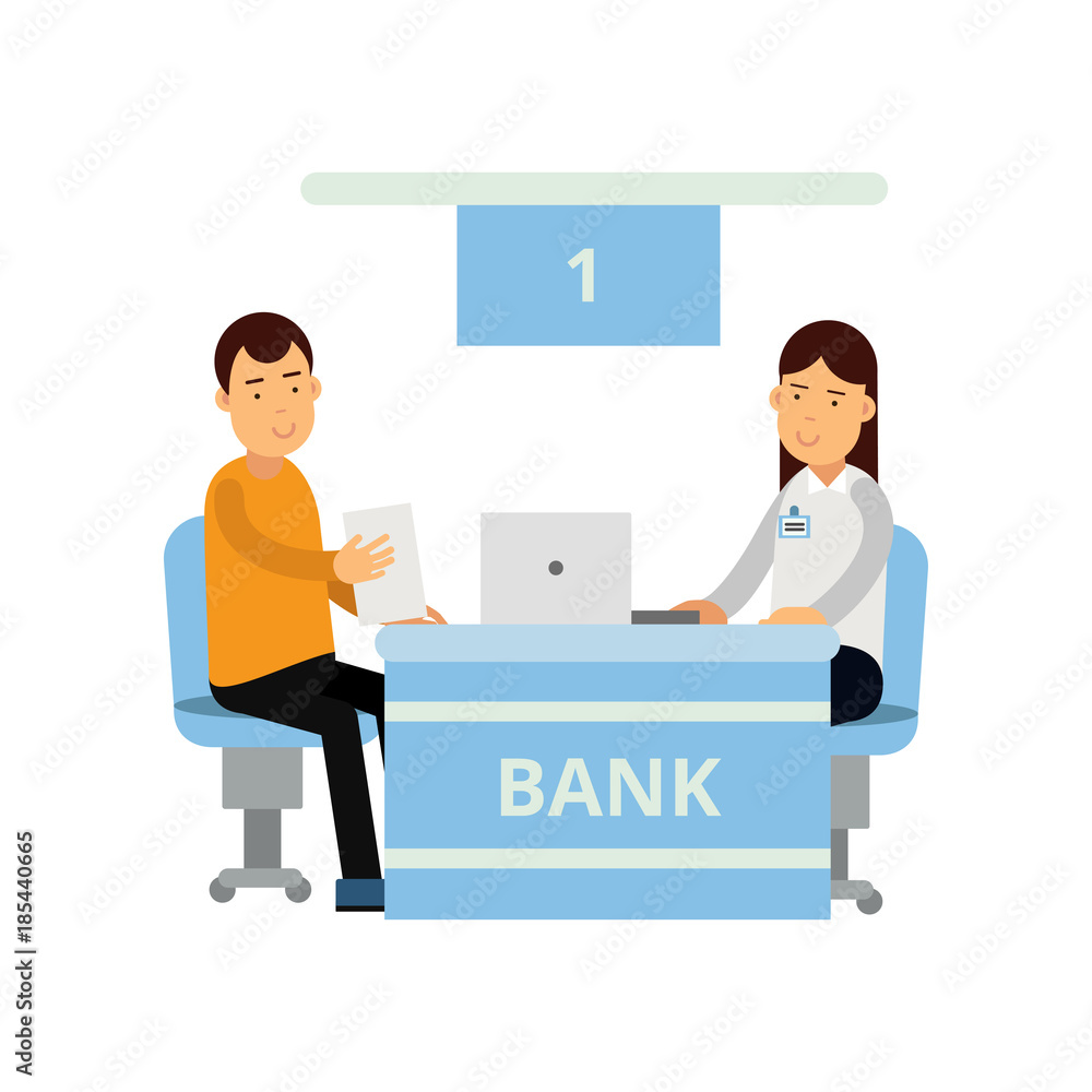 Young bank consultant using laptop for advises new client. Customer service. Finance and insurance concept. Cartoon people characters. Flat vector illustration Young bank consultant using laptop for advises new client. Customer service. Finance and insurance concept. Cartoon people characters. Flat vector illustration