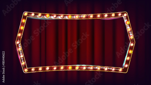 Retro Billboard Vector. Realistic Shine Lamp Frame. 3D Electric Glowing Element. Vintage Golden Illuminated Neon Light. Carnival, Circus, Casino Style. Illustration