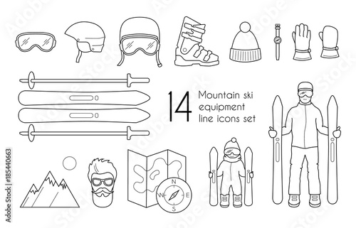 Wallpaper Mural Mountain ski equipment line icons set isolated on white background. Vector winter sport illustration Torontodigital.ca
