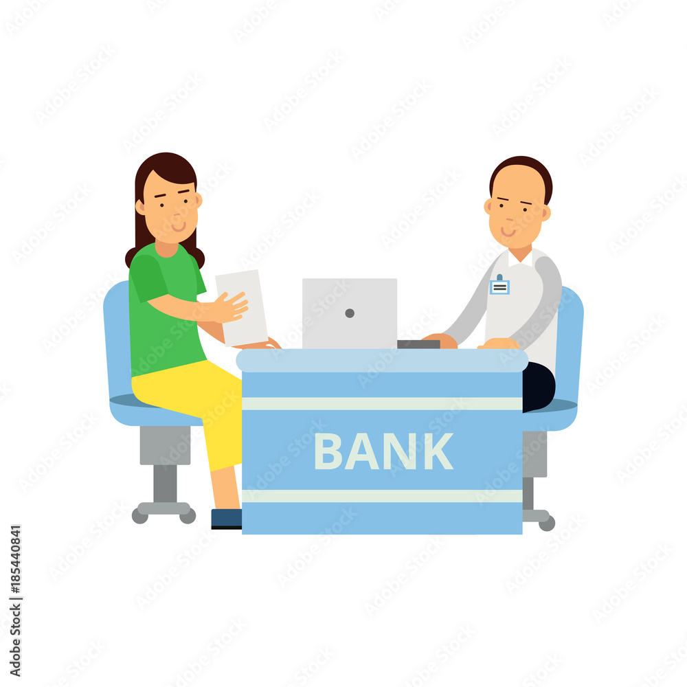 Obraz premium Banking consultant advises client on financial affairs. Man character in shirt and casual pants, woman in blouse and skirt. People sitting behind table. Flat vector design