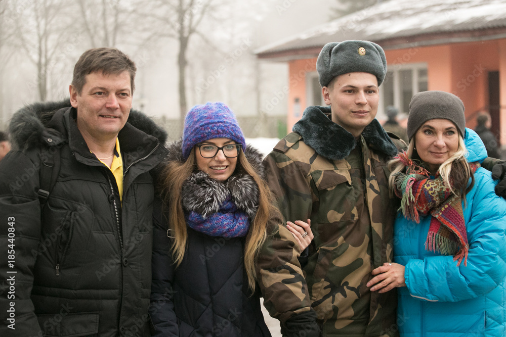 Belarusian young soldier. Soldier with his family