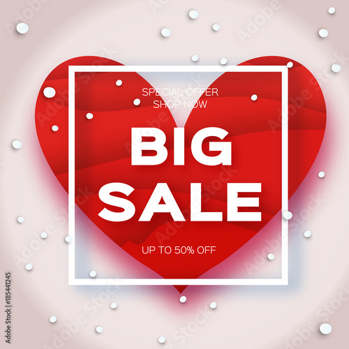 Big Sale. Valentine's day sale offer. Red heart in paper cut. Snowfall. Square frame. Text. Shop market poster design. Romantic Holidays. 14 February.