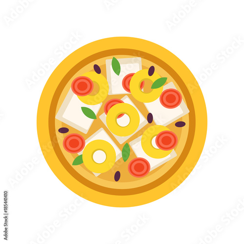 Cartoon pizza with various ingredients tomatoes, olives, mozzarella cheese, pineapples slices and green basil leaves. Fast food dish. Isolated flat vector design