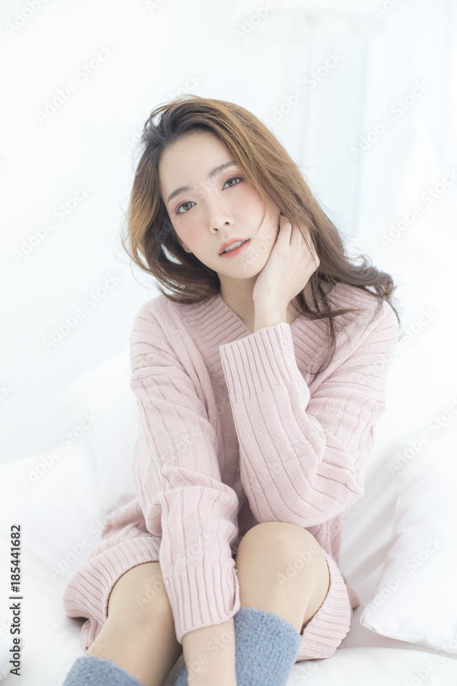 Asian Woman wake up on bed with happy emotion, People lifestyle concept. Asian Woman wake up on bed with happy emotion, People lifestyle concept.