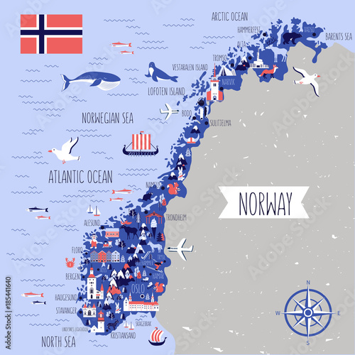 Fototapeta Norway travel cartoon vector map, norwegian landmark Brygge, Lindesnes Lighthous
