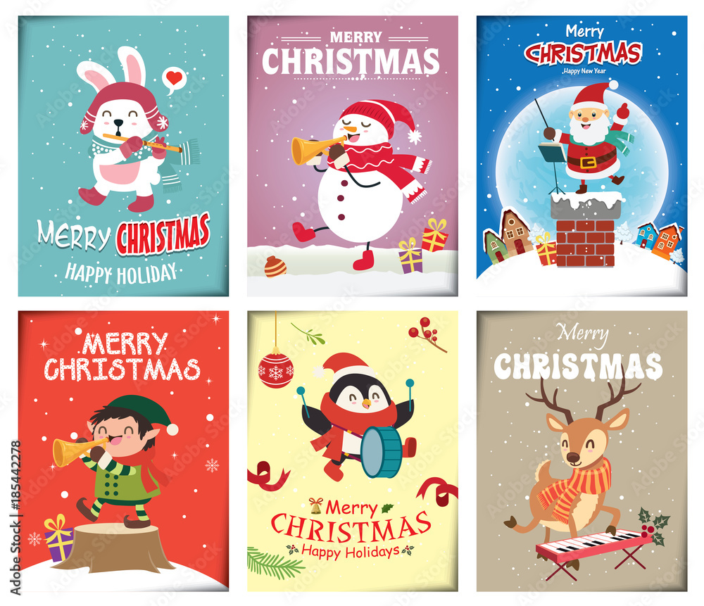 Fototapeta premium Vintage Christmas poster design with vector Santa Claus, elf, penguin, rabbit, characters.