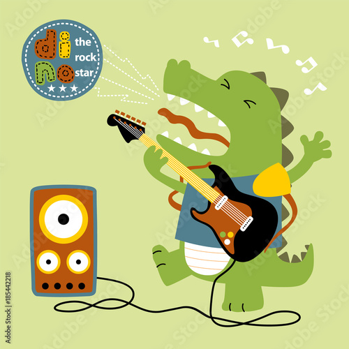 funny cartoon vector dinosaur playing guitar