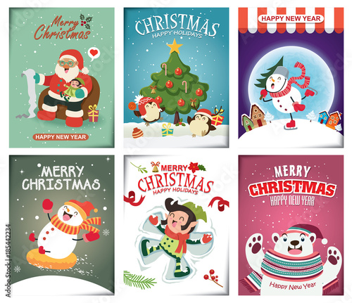 Vintage Christmas poster design with vector Santa Claus, elf, penguin, characters.