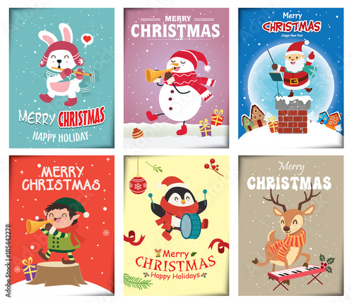 Vintage Christmas poster design with vector Santa Claus, elf, penguin, rabbit, characters.
