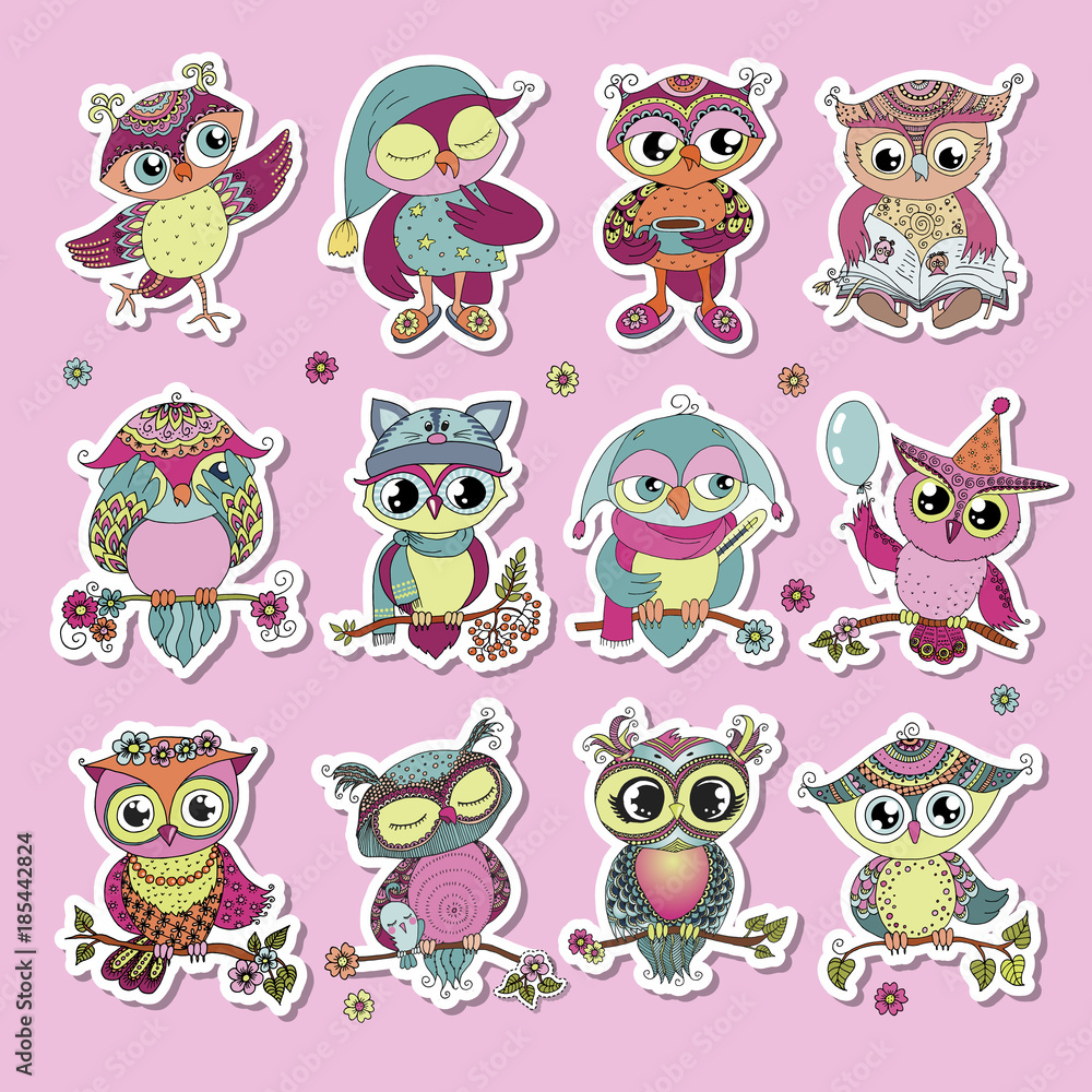 Obraz premium Set of 12 cute colorful cartoon owls