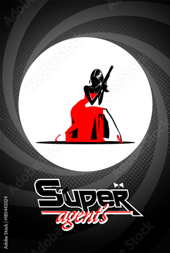Super agent. Posing on camera. In gun barrel. Sexual woman in red dress.