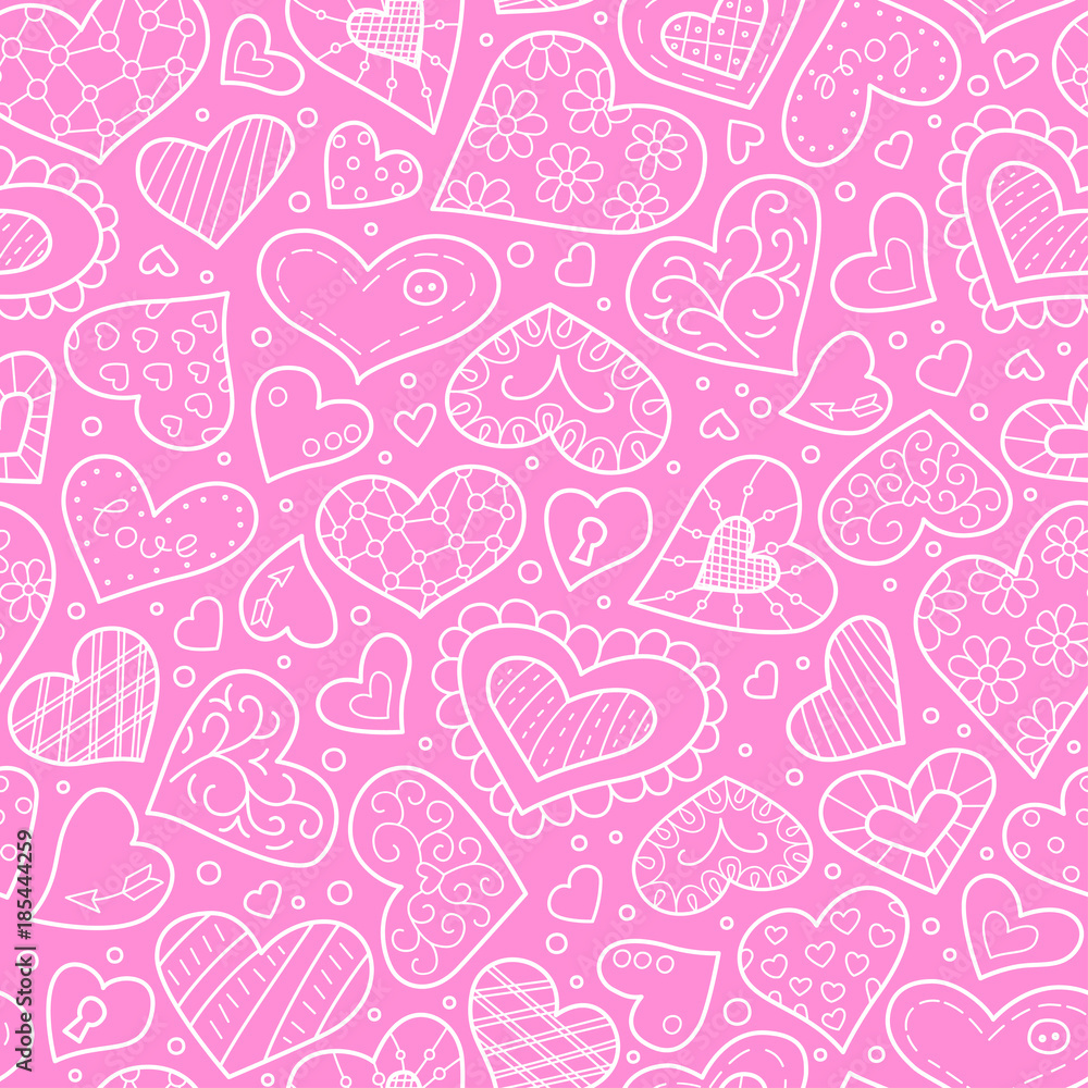 Different hearts in doodle and cartoon style. Seamless pattern. Pink Different hearts in doodle and cartoon style. Seamless pattern. Pink