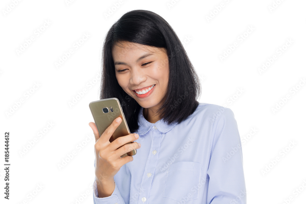 Portrait of a young business woman looking on smart phone. Isolated on white background Portrait of a young business woman looking on smart phone. Isolated on white background