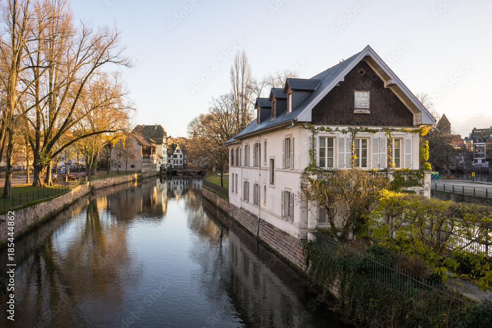 Morning house on river in La Petit France Quarter, Strasbourg (France)