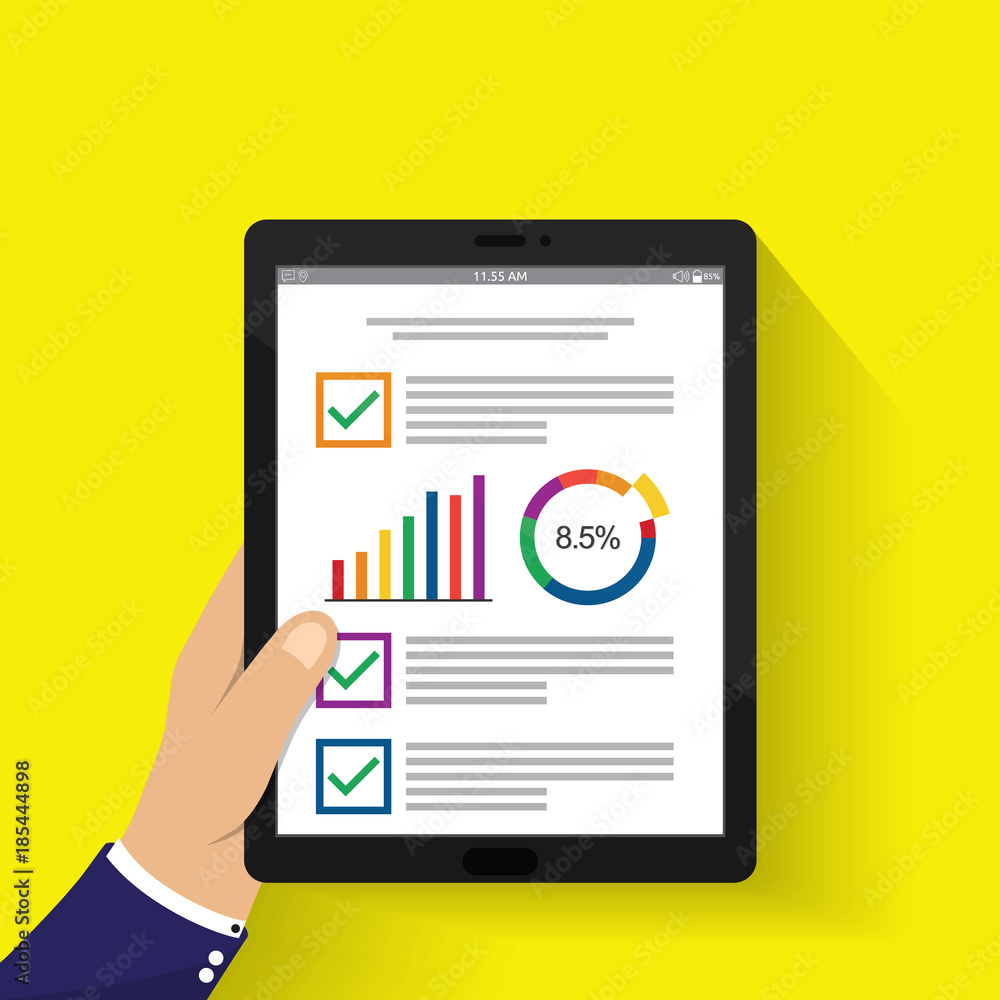 hand holding tablet. businessman read financial analysis report with chart and graph. flat design for business concept. hand holding tablet. businessman read financial analysis report with chart and graph. flat design for business concept.
