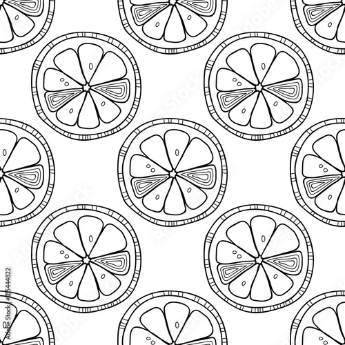 Slices of lemon or orange, citrus. Seamless pattern with hand drawn fruits. Black and white illustration for coloring