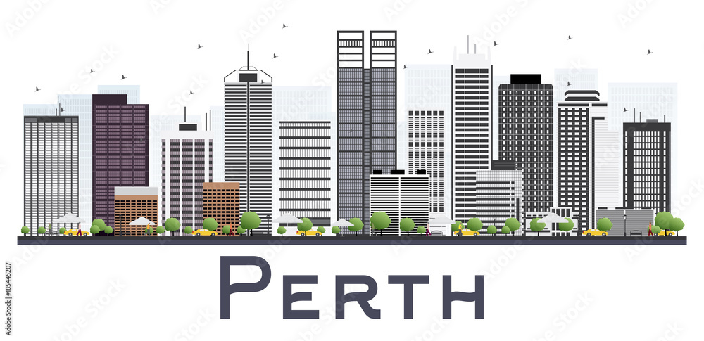 Perth Australia City Skyline with Gray Buildings Isolated on White Background.