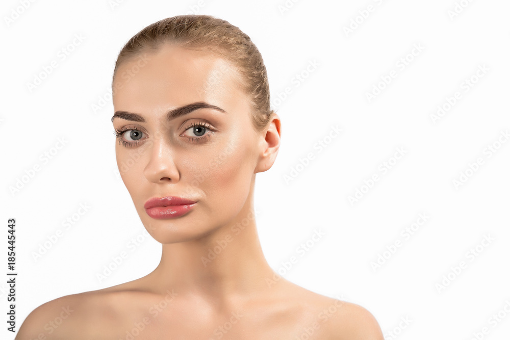 Portrait of a beautiful nude female girl model big lips on white background spa Portrait of a beautiful nude female girl model big lips on white background spa