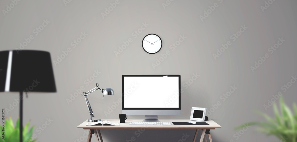 Computer display and office tools on desk. Desktop computer screen isolated.. Computer display and office tools on desk. Desktop computer screen isolated..