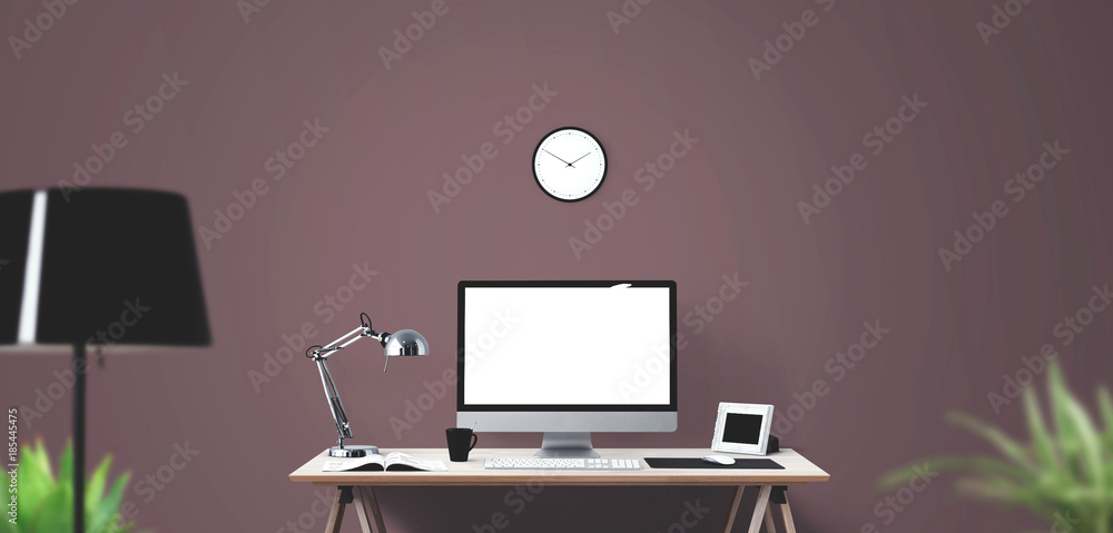 Computer display and office tools on desk. Desktop computer screen isolated.. Computer display and office tools on desk. Desktop computer screen isolated..