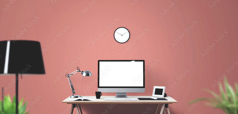 Computer display and office tools on desk. Desktop computer screen isolated.. Computer display and office tools on desk. Desktop computer screen isolated..
