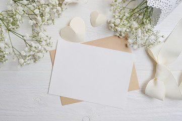 mockup Letter with a calligraphic pen greeting card for St. Valentine's Day in rustic style with place for your text, Flat lay, top view photo mock up