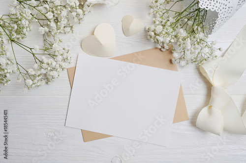 mockup Letter with a calligraphic pen greeting card for St. Valentine's Day in rustic style with place for your text, Flat lay, top view photo mock up