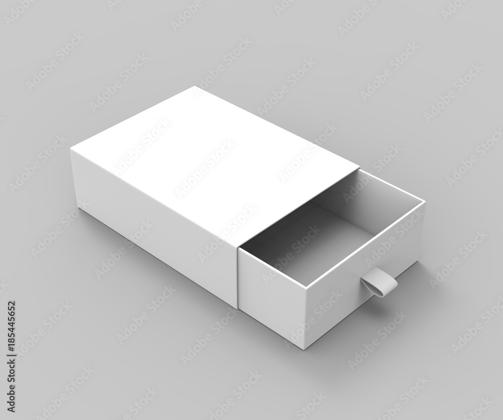 Realistic Package Cardboard Sliding drawer Box with ribbon pull on grey  background. For small items, matches, and other things. 3d render  illustration Stock Illustration