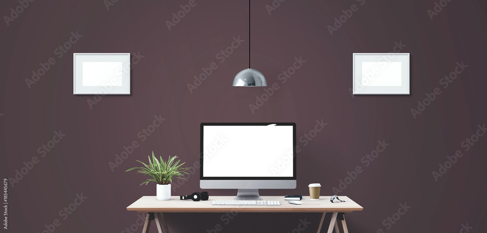 Computer display and office tools on desk. Computer display and office tools on desk.