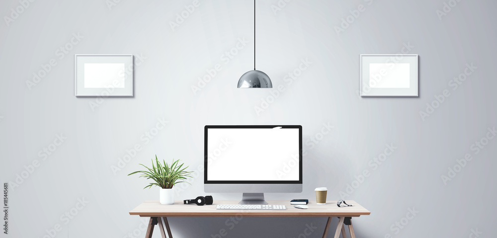 Computer display and office tools on desk. Computer display and office tools on desk.