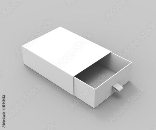 Realistic Package Cardboard Sliding drawer Box with ribbon pull on grey background. For small items, matches, and other things. 3d render illustration