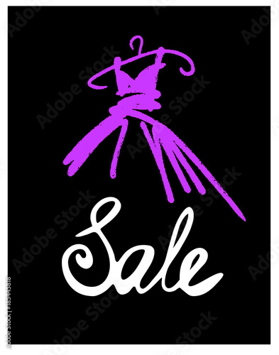 Fashion design vector illustration hand drawn. Woman dress isolated on white. Dress with Sale on hanger. Lettering.