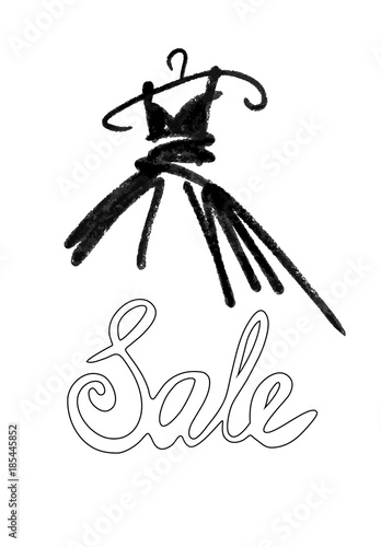 Fashion design vector illustration hand drawn. Woman dress isolated on white. Dress with Sale on hanger. Lettering.