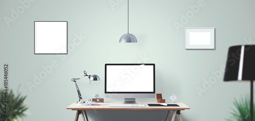 Wallpaper Mural Computer display and office tools on desk. Desktop computer screen isolated. Modern creative workspace background. Front view. Torontodigital.ca