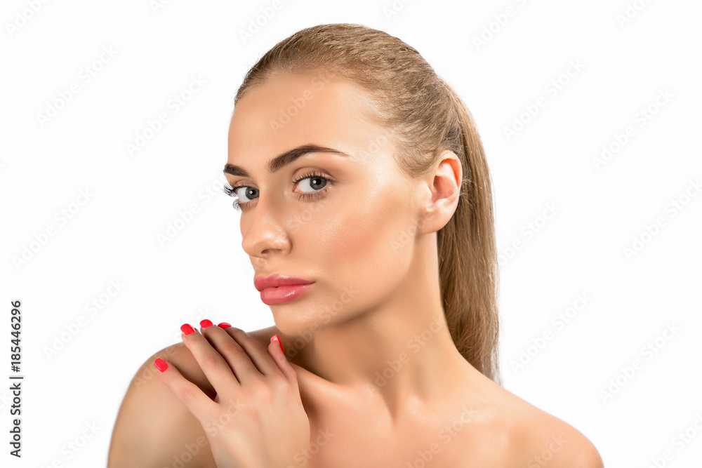 Portrait of a beautiful nude female girl model big lips on white background spa Portrait of a beautiful nude female girl model big lips on white background spa